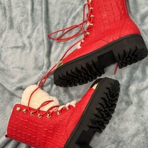Jennifer Le Red Croc Leather Moto Boots